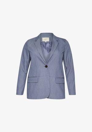 Modrý blazer s klopami, zapínání na jeden černý knoflík, dvě přední kapsy a hladká podšívka. Vyrobeno z texturované tkaniny.
