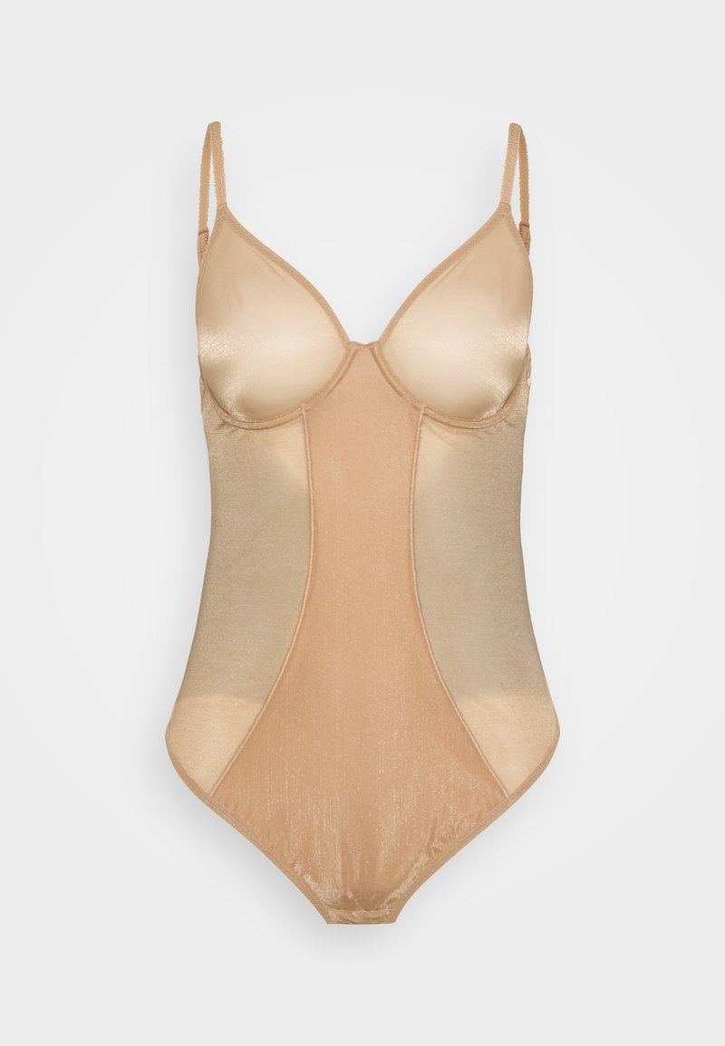 Bež bodysuit, millel on stiilne dizain, pehmed topsid, reguleeritavad rihmad ja sile, läikiv tekstuur kontrastsete paneelide detailidega.