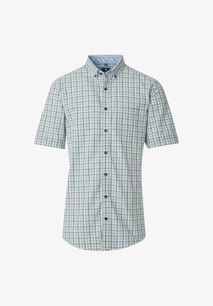 Korte mouwen shirt in lichtgroen en wit ruitpatroon, met een button-down kraag, een borstzak en donkerblauwe knopen.