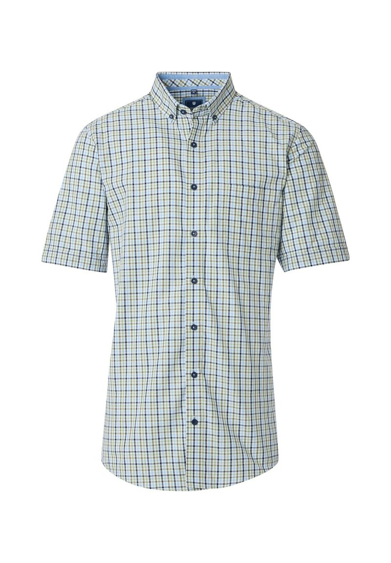 Kurzarmhemd im hellgrünen und weißen Karomuster, mit einem Button-Down-Kragen, einer Brusttasche und dunkelblauen Knöpfen.