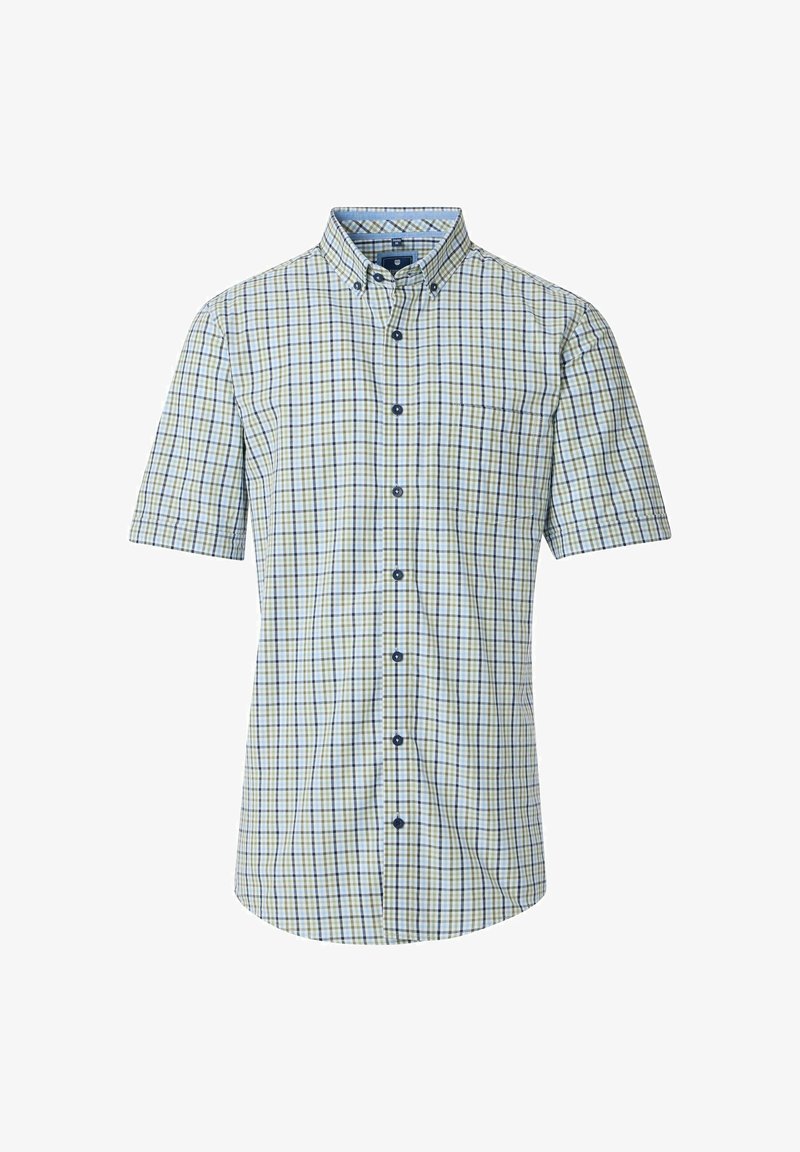 Kurzarmhemd im hellgrünen und weißen Karomuster, mit einem Button-Down-Kragen, einer Brusttasche und dunkelblauen Knöpfen.