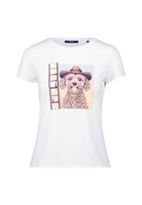 T-shirt en coton blanc avec un motif d'un chien portant un chapeau de cowboy, accompagné d'un design de bande film avec un paysage désertique.