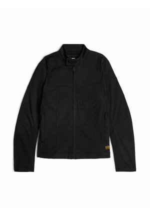 Black jacket made of durable fabric with a stand collar, front zipper, side pockets, and a G-Star label on the lower side.