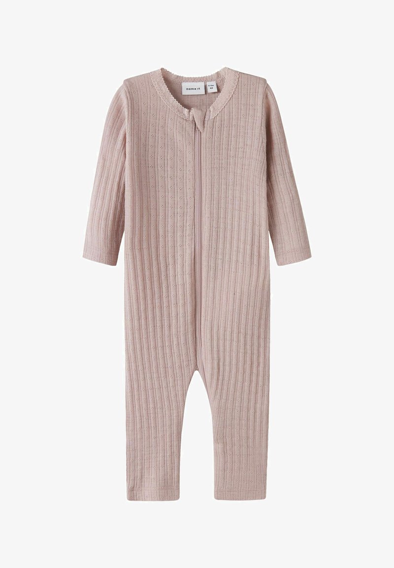 Roosa soonik beebidele, pikkade varrukatega, ees luku sulgemisega, lainelise kaelusega ja väikeste tekstuursete detailidega üle kogu kanga.