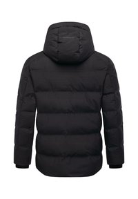 Sort puffer-jakke med hætte, med kviltet konstruktion og ribbede manchetter. Bagsiden er glat uden lommer eller udsmykninger.