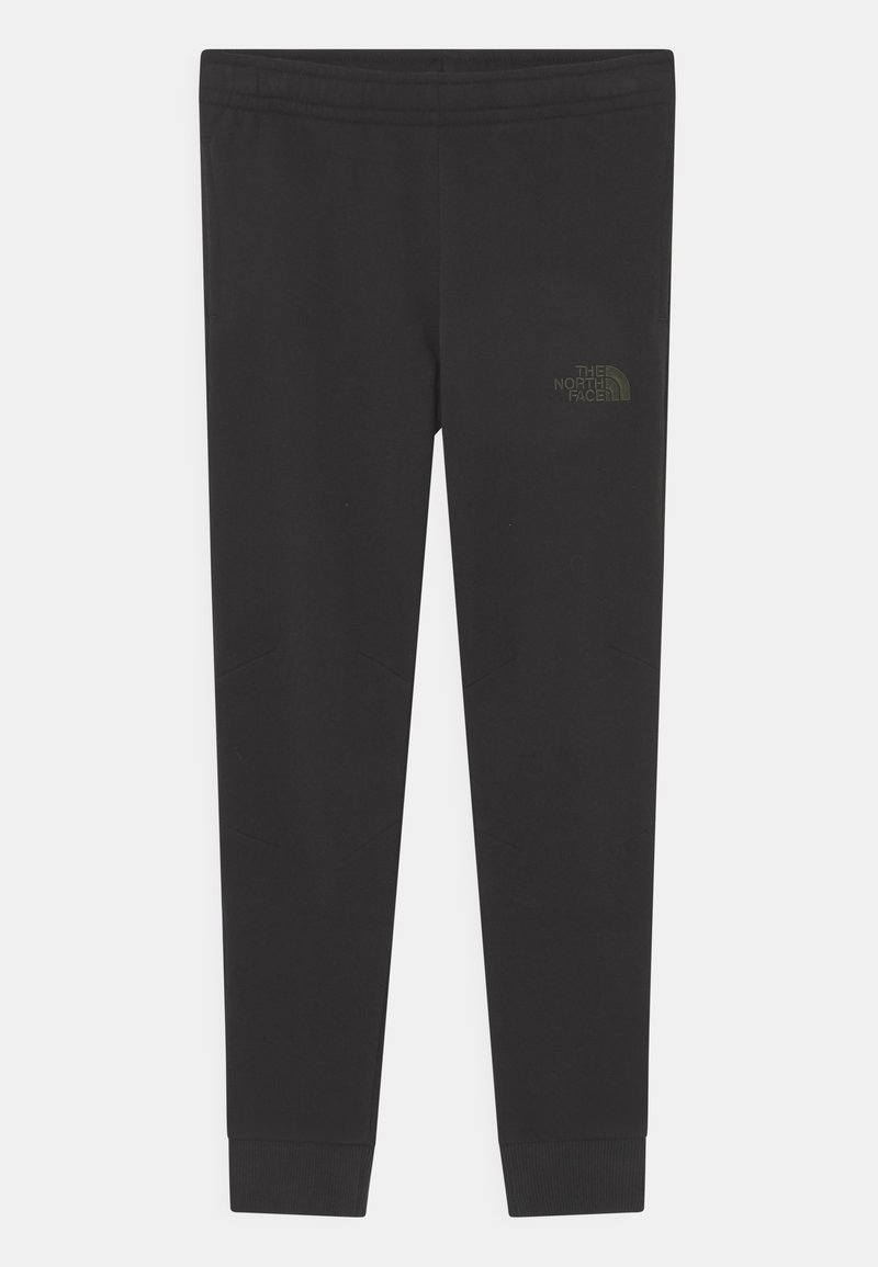 Black athletic pants with a snug fit, elastic waistband, and ribbed cuffs. Features a subtle olive green logo on the front. Smooth fabric.