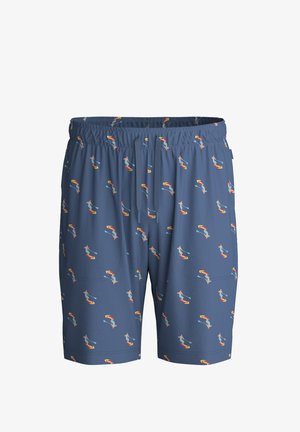 Blauwe korte broek met een elastische tailleband en koord, bedrukt met kleine illustraties van een persoon die op oranje paddleboards staat.