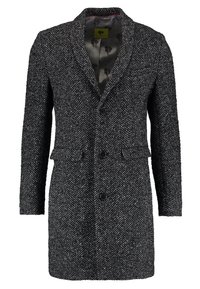 Grå fiskbensmönstrad kappa i en texturerad ullblandning, med två framfickor, enkelknäppt stängning och slät innerfoder med ett mönster.