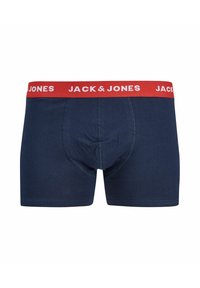 Granatowe bokserki bawełniane z czerwonym elastycznym pasem w talii z białym napisem "JACK & JONES", gładka tekstura, dopasowany fason.