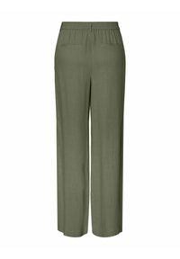 Pantalon droit vert olive avec taille élastique et deux poches passepoilées à l'arrière, vu de dos.