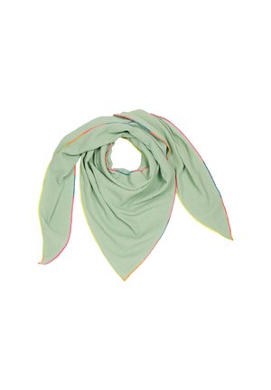 Hellgrüner Schal aus strukturiertem, zerknittertem Stoff. Die Kanten haben kontrastierende, mehrfarbige Nähte. In Form eines dreieckigen Wraf. 