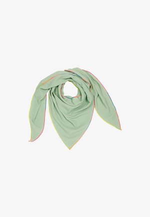 Light green scarf with a textured, crinkled fabric. Edges have contrasting multicolored stitching. Shaped in a triangular wrap.