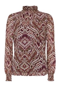 Blouse à manches longues avec un col volants, présentant un motif abstrait multicolore dans des teintes de bourgogne, vert et crème. Tissu texturé.