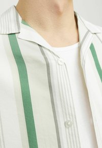Camicia a maniche corte con righe verticali in verde, grigio e bianco. Tessuto leggero con colletto a scollo a V e chiusura a bottoni.