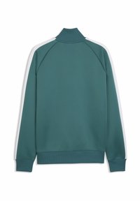 Φούτερ σε τιρκουάζ χρώμα με ψηλό γιακά, μανίκια ράγκλαν και λευκές εγκάρσιες ρίγες στα πλαϊνά. Μαλακό, υφασμάτινο με υφή, με ριμπ μανσέτες και τελείωμα.