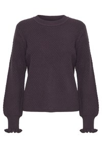 Dark purple knitted sweater with a textured pattern, round neck, and long sleeves featuring ruffled cuffs. Soft fabric, loose fit.