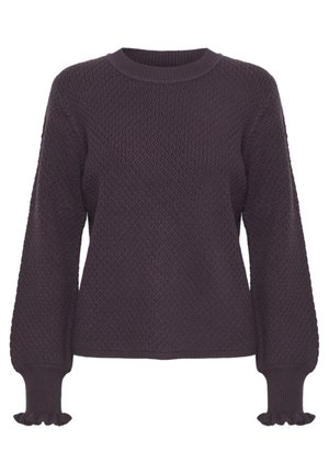 Mörklila stickad tröja med ett texturerat mönster, rund halsringning och långa ärmar med volanger vid ärmsluten. Mjuk tygkvalitet, lös passform.