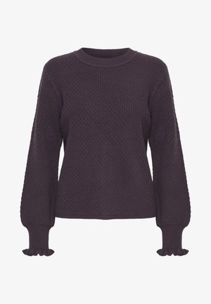 Tamsiai violetinė megzta palaidinė su tekstūruotu raštu, apvaliu kaklu ir ilgomis rankovėmis su volanų detalėmis. Minkšta medžiaga, laisvas pjūvis.