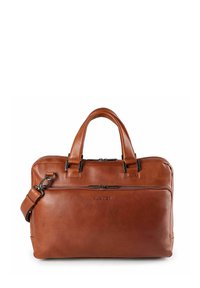 Borsa in pelle marrone con doppio manico, tracolla staccabile, tasca frontale con zip e branding sottile. Texture liscia con accenti lucidi.