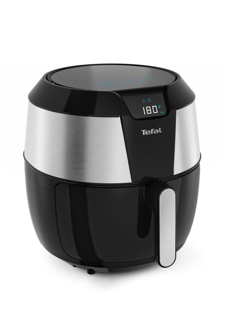 Tefal Heißluftfryer in Schwarz und Silber, runde Form mit einem digitalen Display, Griff an der Vorderseite und einer breiten, glatten Oberfläche oben.