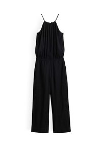 Black sleeveless jumpsuit with thin straps, gathered elastic waist, and wide-leg pants, displayed on a white background.