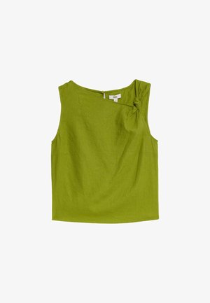 Green linen sleeveless top with a knotted detail on the left shoulder and a rounded neckline, featuring a zip closure at the back.