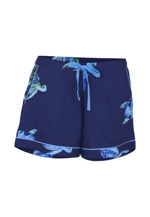 Granatowe spodenki kąpielowe z nadrukiem jasnoniebieskich żółwi oraz jasnoniebieskim troczkiem w pasie.