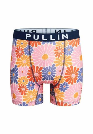 Boxers pour hommes avec motif floral coloré en rose, orange, violet et jaune, et une ceinture bleu marine avec l’inscription PULLIN.