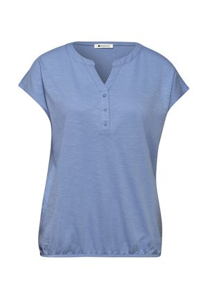 Blusa azul de manga corta con escote en V, tapeta de tres botones y dobladillo elástico, de la marca Street One.