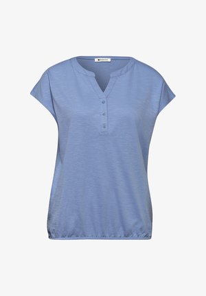Blusa blu a manica corta con scollo a V, patta con tre bottoni e orlo elasticizzato, del marchio Street One.