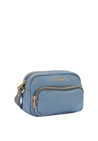 Borsa a tracolla in tessuto blu con due scomparti con zip, dettagli in metallo dorato e una cintura piatta per il trasporto. Il nome del marchio "BOGNER" è visibile.