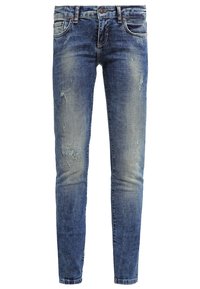 Blå smala jeans med lätt slitage och blekningar, som har framfickor, bältesöglor och knäppning.