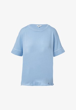 Helles blaues T-Shirt mit kurzen Ärmeln, aus weichem Stoff gefertigt, mit einem runden Ausschnitt und umgeschlagenen Ärmeln. Es hat ein kleines Logo-Detail am Saum.