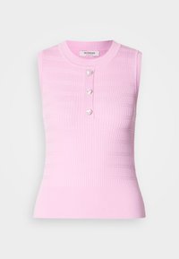 Rosa ermeløs topp med ribbet tekstur, rund halslinje, og tre hjerteformede knapper i midten. Mid-lang design, figursydd silhuett.