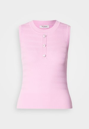 Pink sleeveless top with ribbed texture, round neckline, and three heart-shaped buttons at the center. Mid-length design, form-fitting silhouette.