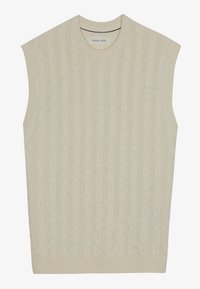 Kofta utan ärmar i ljusbeige, med ett kabelmönster, rund halsringning och ribbat avslut. Mjuk textur med en slät yta.