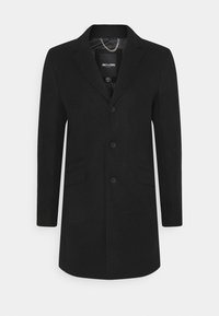 Sort uldblandingsfrakke med skræddersyet design, spidse klapper, tre knapper og to forlommer. Fôret indre med kædedetalje.
