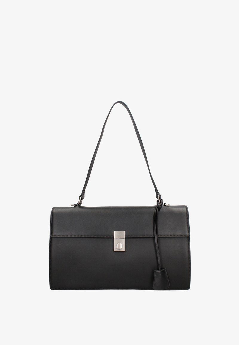 Borsa a tracolla in pelle nera con forma rettangolare, design elegante, accessori in argento e tracolla removibile. Presenta una chiusura minimalista con lucchetto.