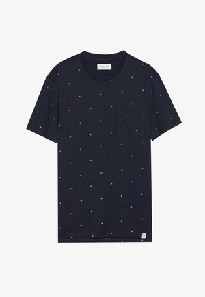 Navy blue short-sleeve t-shirt with white umbrella pattern; features a round neckline and a chest pocket. Soft cotton material.