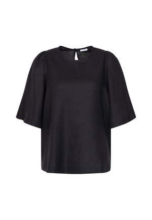 Schwarze Bluse mit kurzen Ärmeln, rundem Ausschnitt, Puffärmeln und kleinem Knopfverschluss mit Schlaufe am Rücken.
