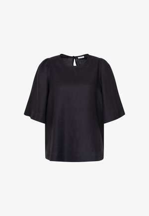 Schwarze Bluse mit kurzen Ärmeln, rundem Ausschnitt, Puffärmeln und kleinem Knopfverschluss mit Schlaufe am Rücken.