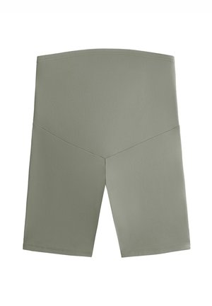 Vihreät korkeavyötäröiset pyöräilyshortsit, jotka on valmistettu joustavasta materiaalista, jossa on sileä pinta, ja etupaneelissa on geometrinen kuvio.