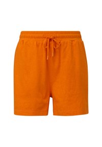 Oranje katoenen shorts met een elastische tailleband en verstelbaar koord. Eenvoudig ontwerp, knielange snit en een gladde textuur.