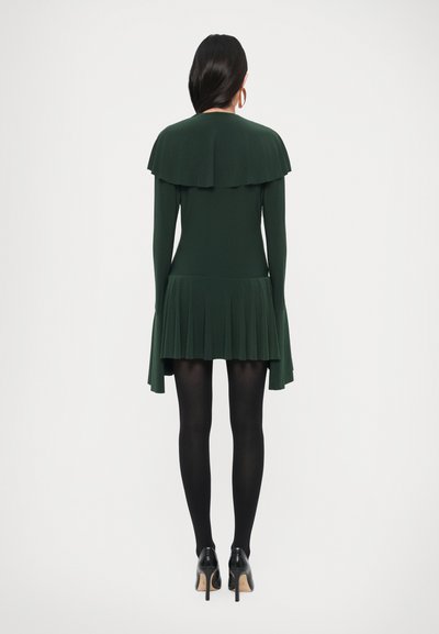 Ciemnozielona sukienka z falbaną na pelerynie, długimi rękawami, plisowaną spódnicą i dopasowanym gorsetem, zestawiona z czarnymi rajstopami i butami na obcasie.