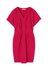 Fuchsiaschwarzes Kurzarmkleid mit V-Ausschnitt, gefaltetem Vorderteil und tailliertem Schnitt. Hergestellt aus weichem Stoff, hat es eine glatte Textur und ein minimalistisches Design.