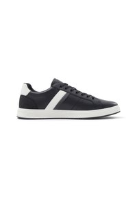 Sneakers in pelle nera con dettagli bianchi, design con lacci, punta arrotondata e pannello laterale testurizzato, caratterizzati da una striscia bianca lungo la parte superiore.
