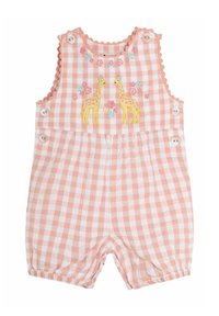 Pink and white gingham romper with scalloped edges, featuring embroidered giraffes and flowers, and button fastenings on the shoulders.