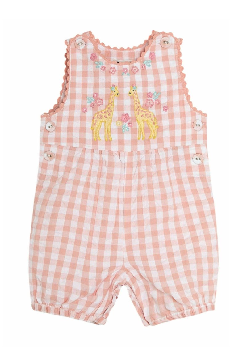 Pink and white gingham romper with scalloped edges, featuring embroidered giraffes and flowers, and button fastenings on the shoulders.