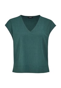 T-shirt vert sarcelle à manches courtes avec un col en V et une coupe ample, présentant un tissu texturé et un ourlet brut. Design simple sans motifs.