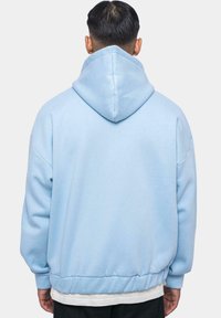 Light blue oversized hoodie with a large, soft hood, ribbed cuffs, elastic hem, and smooth texture, viewed from the back.